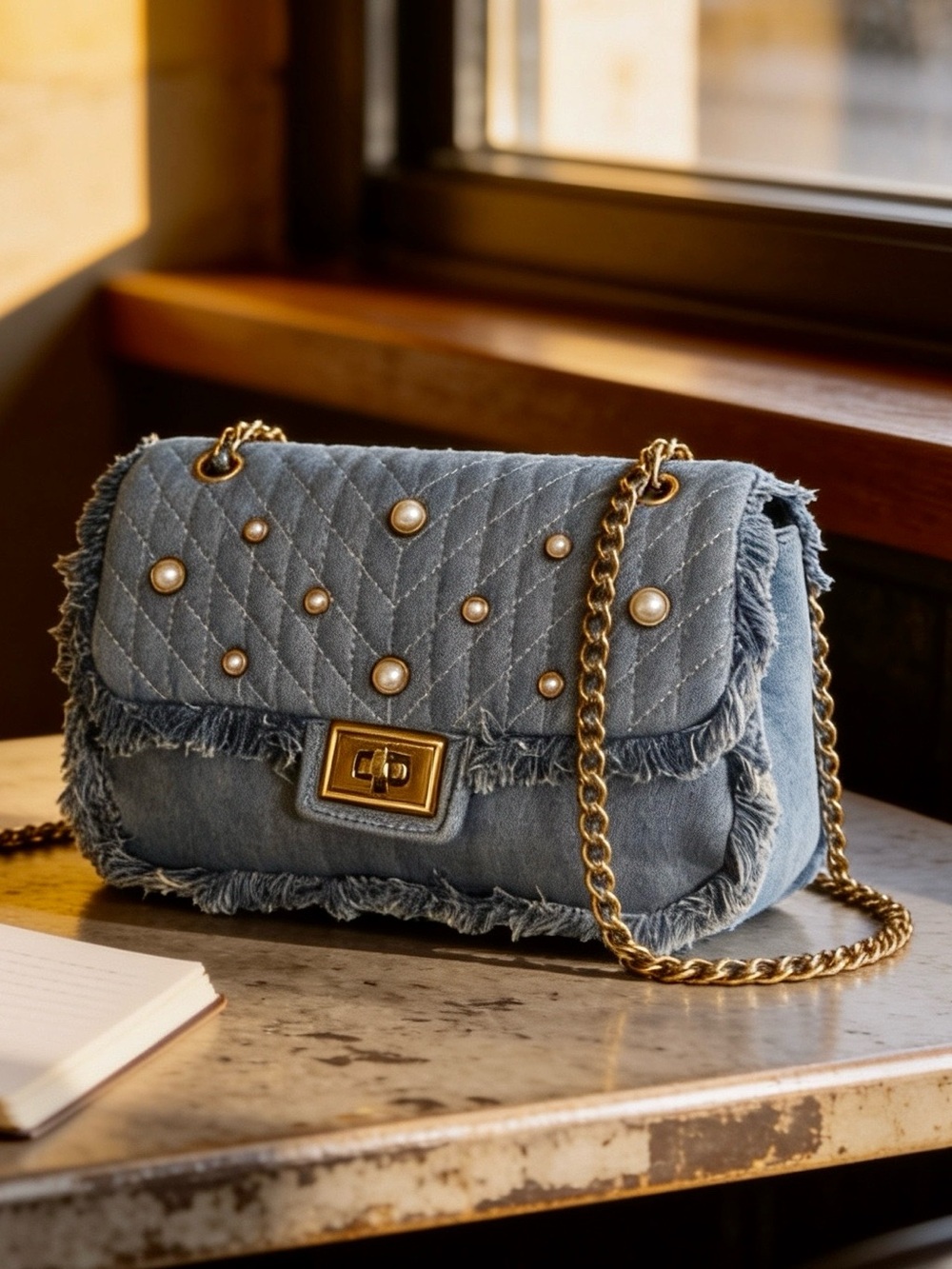 Karl Lager-field Light Blue Quilted Denim Shoulder Bag with Pearl Studs
